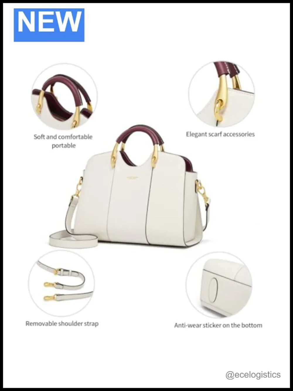 Genuine Leather Satchel Handbag Crossbody Shoulder Bag with Metal Handle